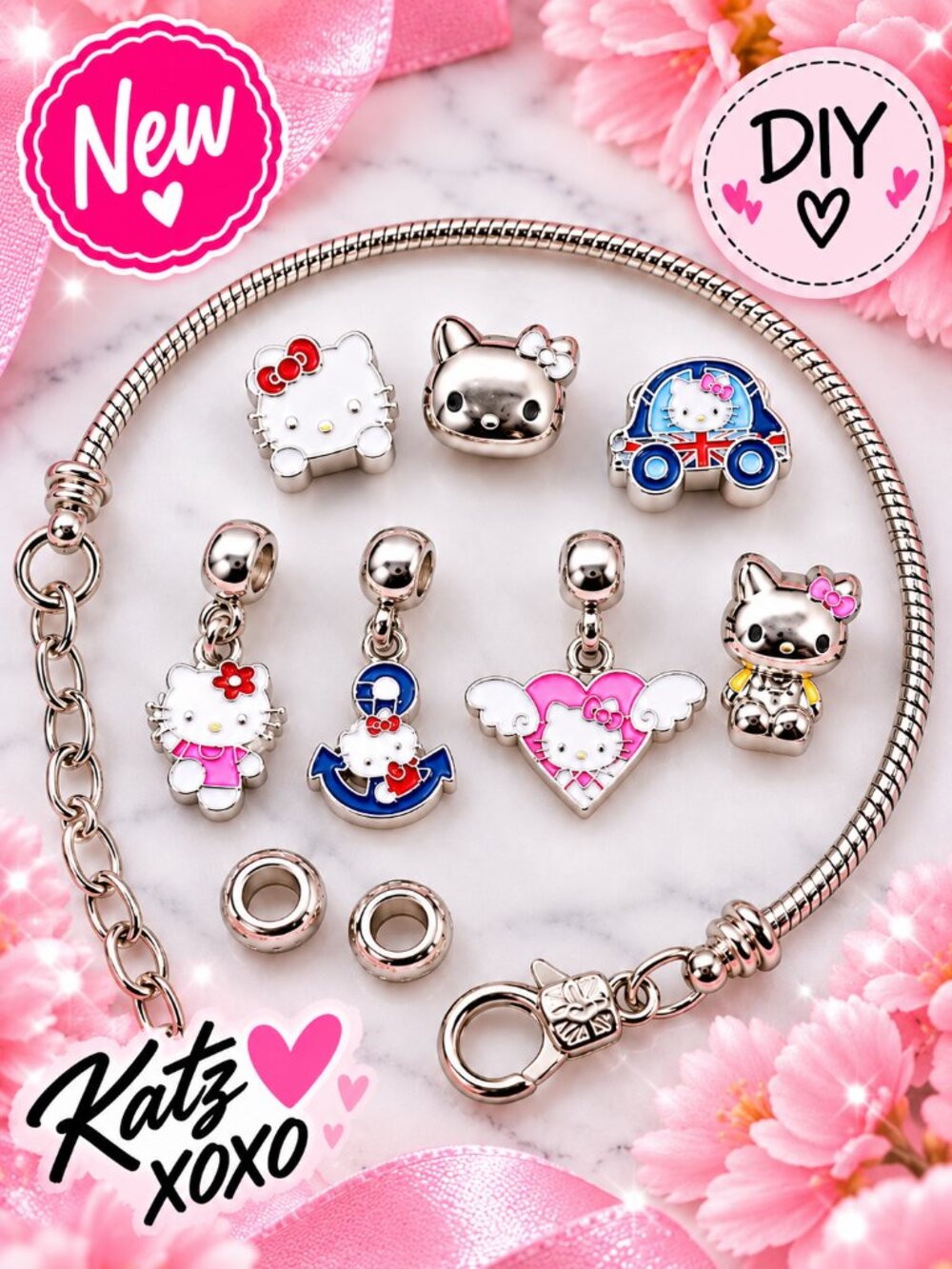 Hello Kitty DIY Charm Bracelet Kit Sanrio Cat Kawaii Silver Adjustable Jewelry